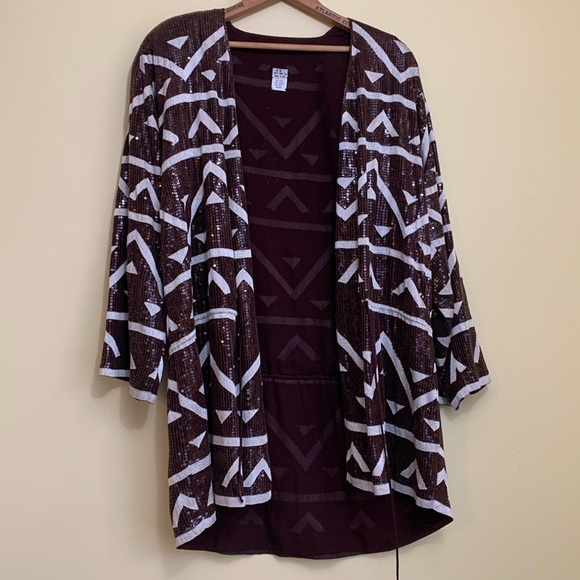 Vintage Fully Sequined Silk Brown White Aztec Design Surplice Tunic Dress XS - Picture 14 of 17